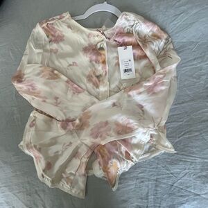 LoveShackFancy Cream Blush Floral Satin Crop Blouse